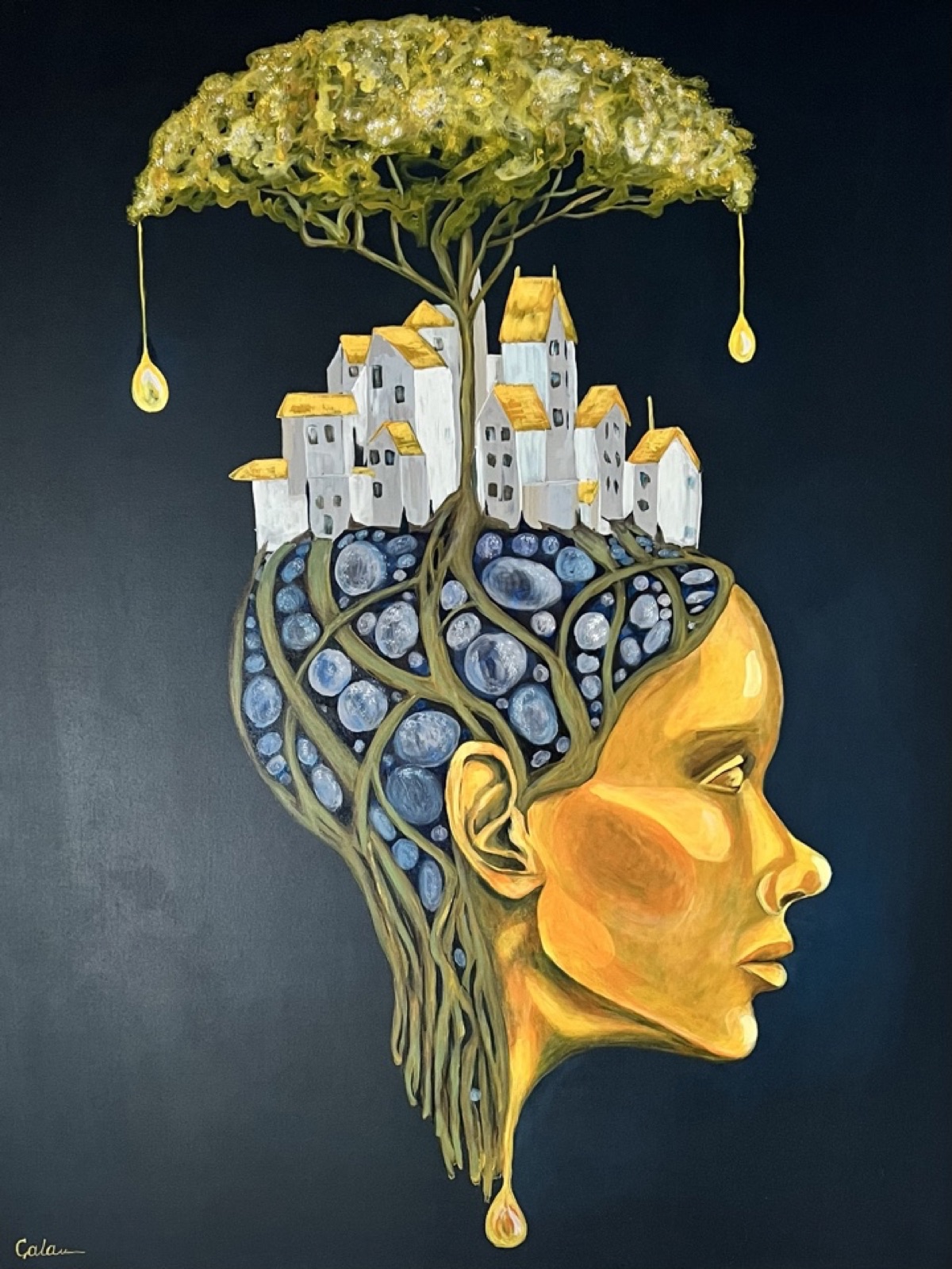Golden profile of a woman whose hair becomes a tree sheltering a white village