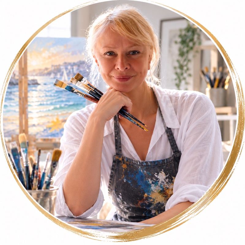 Galina Lysenko in her studio, holding paintbrushes