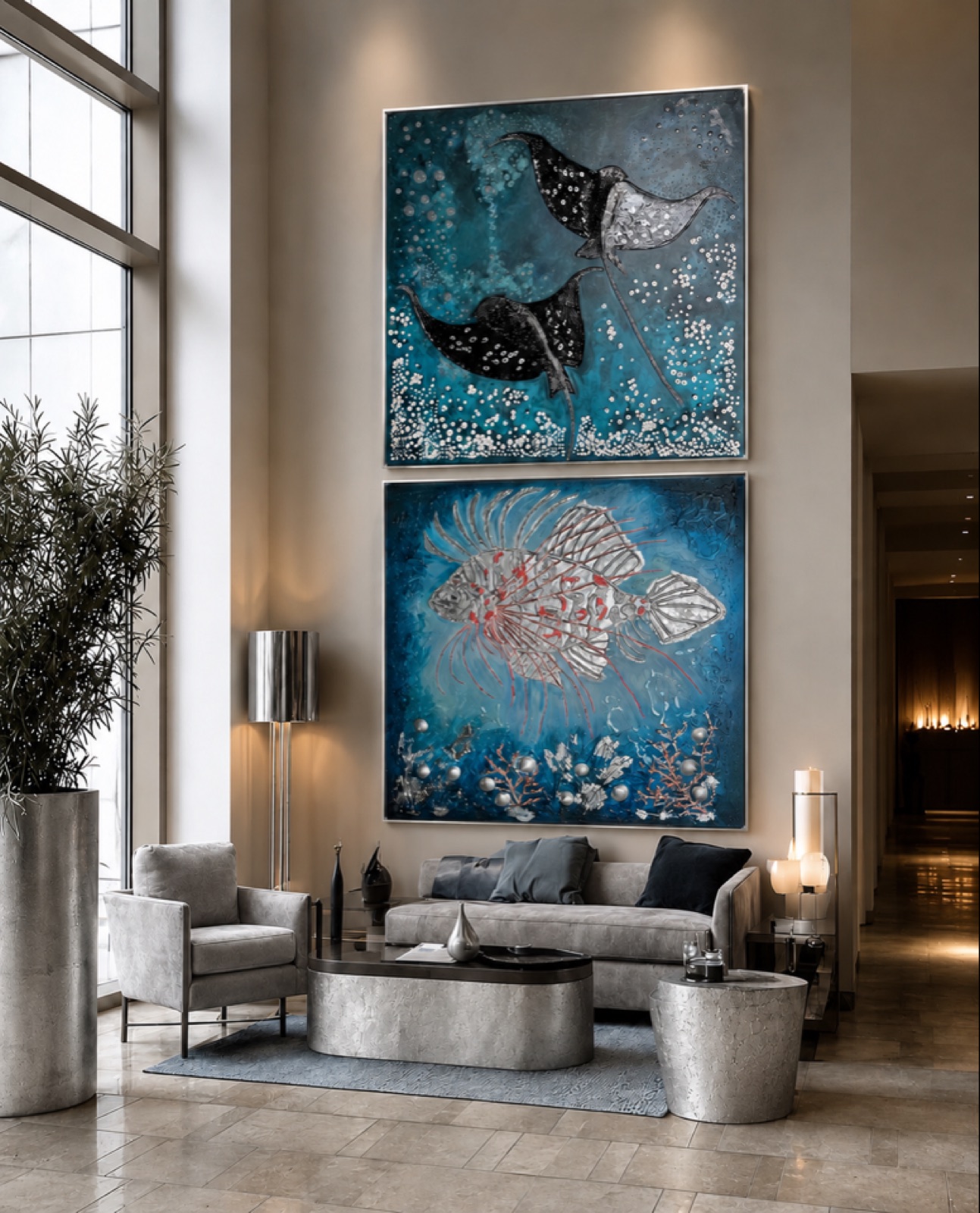 Manta Rays and Lionfish hanging in a tall hotel lobby